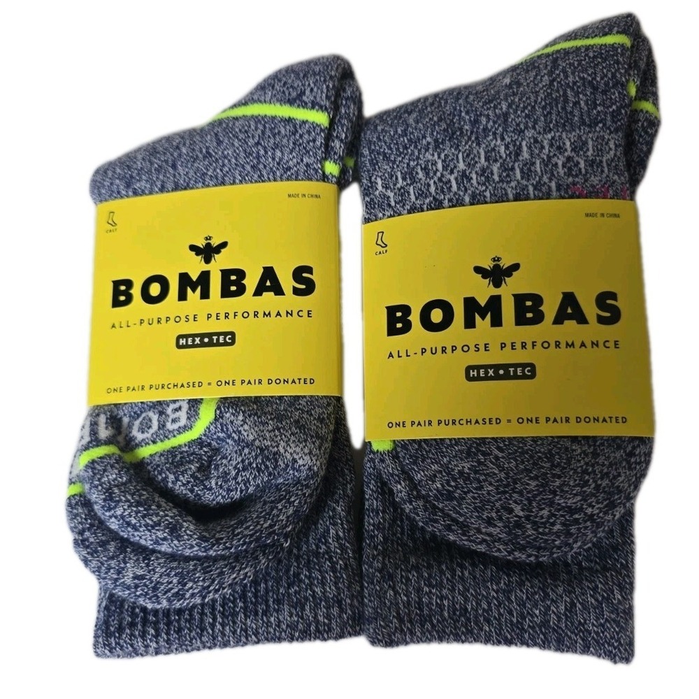 2 Pairs BOMBAS Hex Tec All-Purpose Performance Calf Crew Blue Socks Size Medium